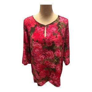 J. Jill Red & Pink Floral Blouse Keyhole Neck 3/4 Sleeves 100% Rayon Size Large